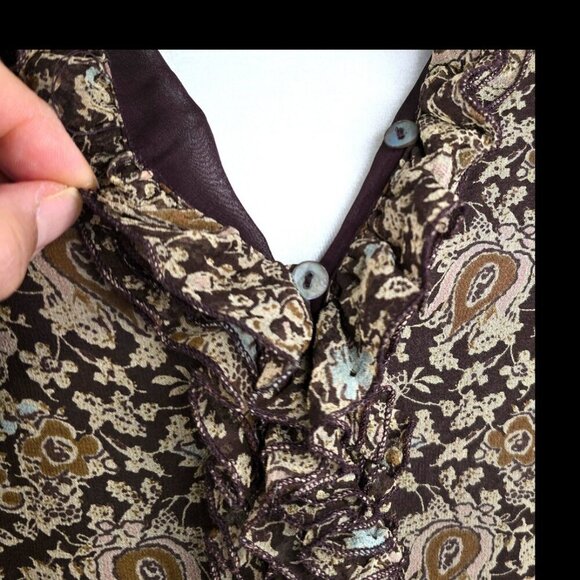 Vintage 90s Malcolm & Co Brown Ditsy Floral Ruffle Button Front Silk Blouse - Picture 3 of 6